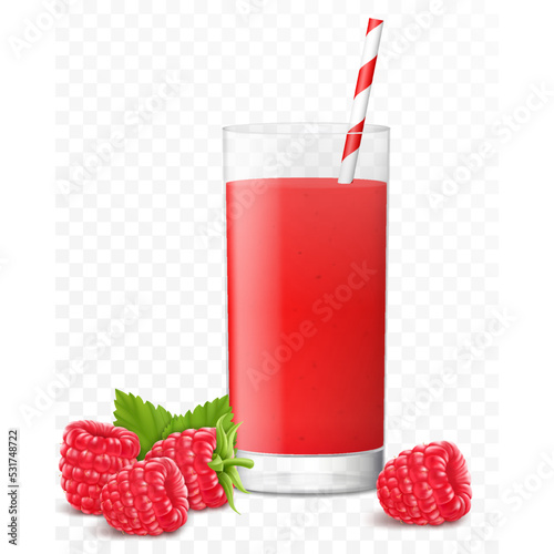 Glass of fresh raspberry juice with berries and striped straw for cocktails, isolated on transparent background. Smoothies of raspberry. Realistic 3d vector illustration for advertising your products
