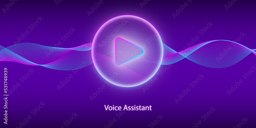 Play button icon. Artificial intelligence concept. Personal assistant. Voice recognition. Sound wave with imitation of voice or sound. Simulation of speech recognition. HUD. - obrazy, fototapety, plakaty 