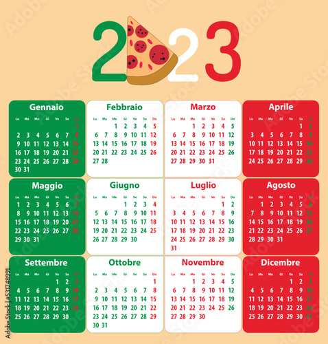 Italian calendar for 2023. Piece of pizza