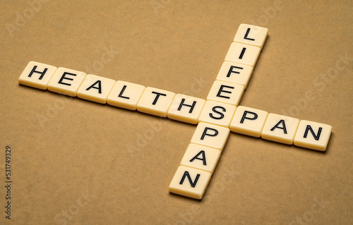 lifespan and healthspan crossword in ivory letter tiles against textured handmade paper, health, age and longevity concept