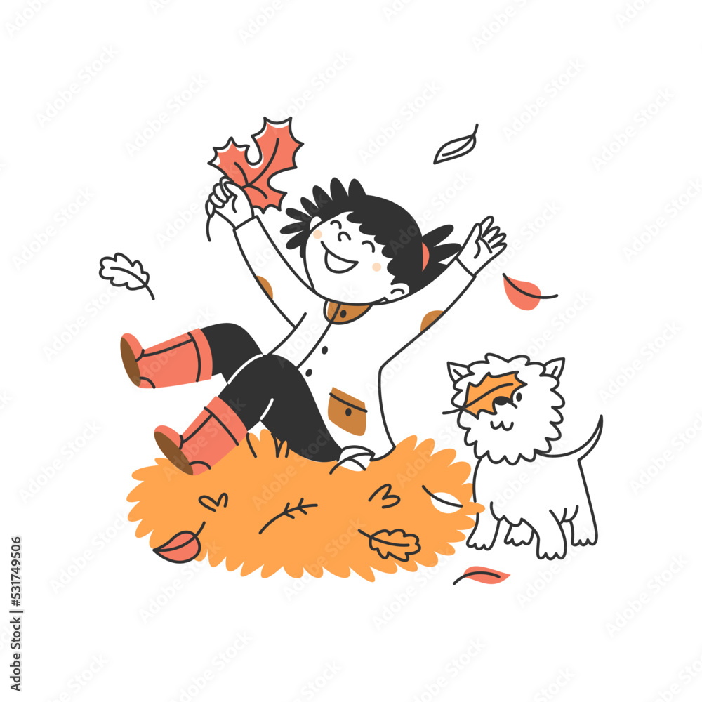 A cute little girl is playing with her dog. A child with a pet in a stack of leaves. Autumn illustration linear flat style doodle. A cute little girl is playing with her dog. A child with a pet in a stack of leaves. Autumn illustration linear flat style doodle.
