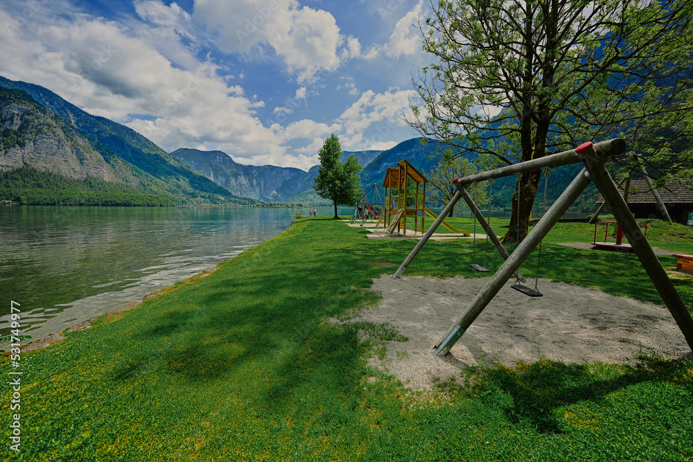 Wooden swing in playground at Hallstatt, Austria. Wooden swing in playground at Hallstatt, Austria.