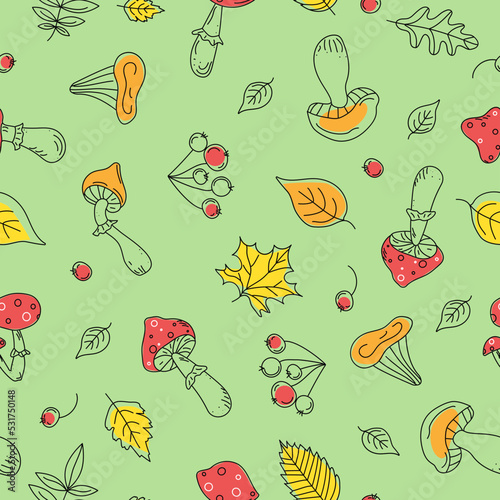 Seamless autumn pattern.  Berries, leaves, mushrooms. Background with rain. Picking mushrooms in the forest, in the park. Doodle style. Vector illustration.