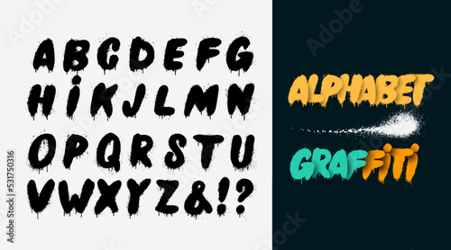 Spray vector graffiti black font. Street art wall tagging lettering, dirty graffitis letters. Alphabet grunge, street art graffiti sprayed abc lettering. Isolated symbols set.