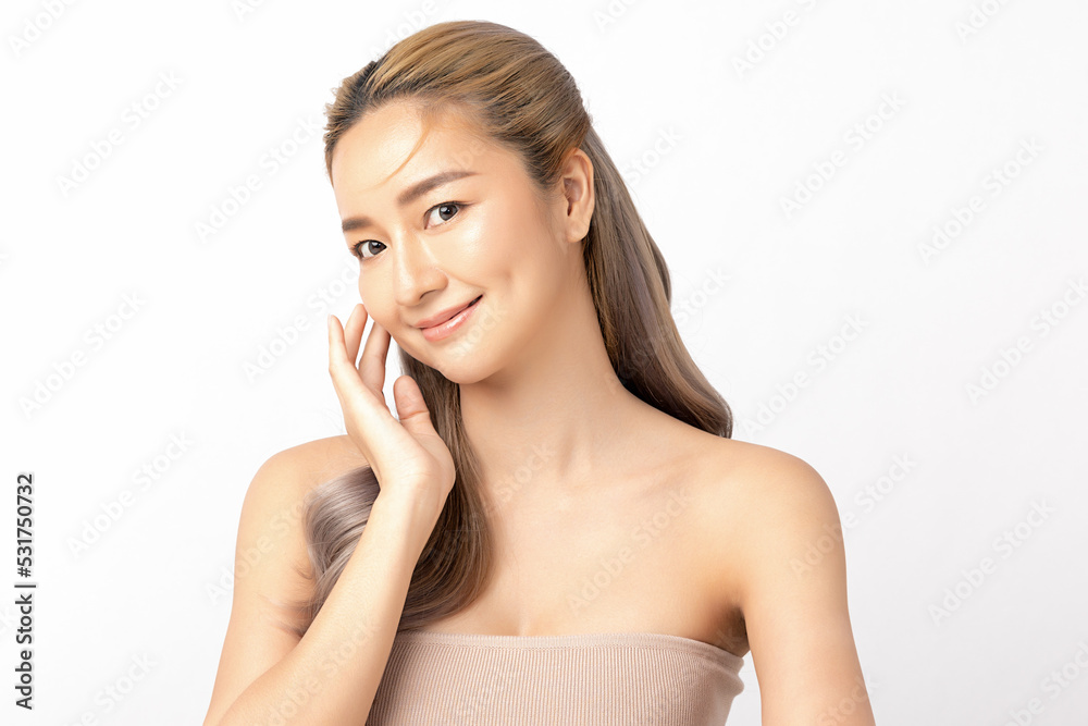 Happy beautiful young asian woman clean fresh bare skin concept. Asian girl beauty face skincare and health wellness, Facial treatment, Perfect skin, Natural make up. Isolated on white background. Happy beautiful young asian woman clean fresh bare skin concept. Asian girl beauty face skincare and health wellness, Facial treatment, Perfect skin, Natural make up. Isolated on white background.