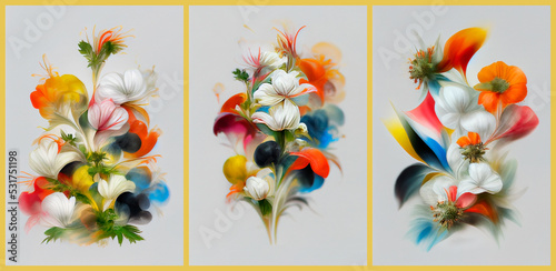 Bright spring flowers. A series of three paintings, multicolored watercolor in bright colors. Surreal bouquets of flowers.