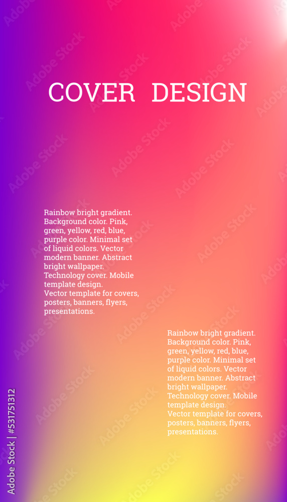 Obraz premium Bright cover or background design. Pink, green, yellow, red, blue, purple color. Minimal set of liquid colors. Abstract bright wallpaper. Technology cover. Mobile template design.