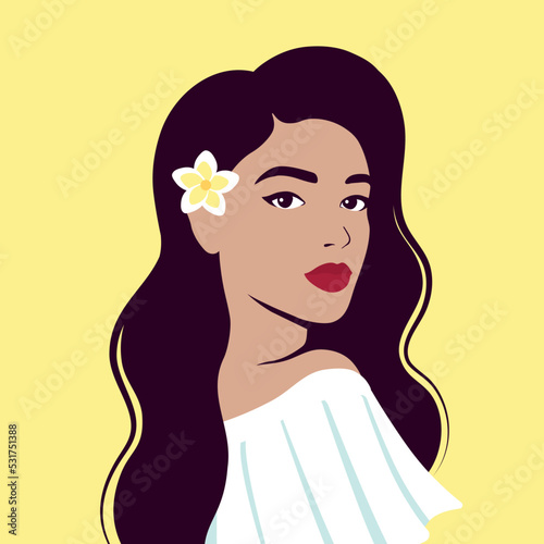 Portrait of the beautiful woman with a flower. The face of a girl. Female avatar. Flat vector illustration.