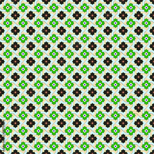 Seamless, Vector Image of Rectilinear Figures and Stars in Black and Green Tones, Forming A Kind of Mosaic Pattern. Can Be Used in Design and Textiles