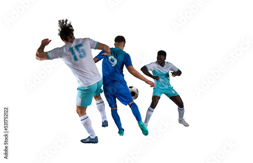 Football action scene with competing soccer players on white background