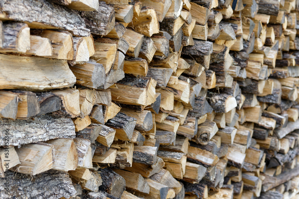 Dry chopped firewood logs, wooden pile texture. Log background. View of a stack of firewood.
Dry chopped firewood logs, wooden pile texture. Log background. View of a stack of firewood.