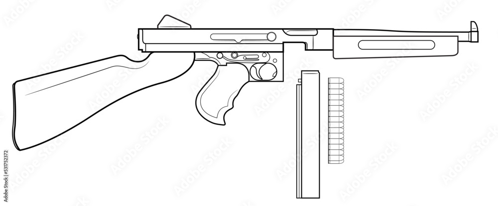 Vector illustration of the Thompson M1A1 submachine gun with magazine box magazine and cartridges on the white background
