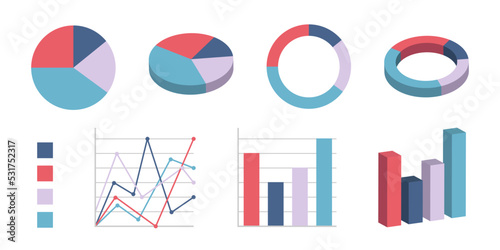 Pie Chart Examples, Column Chart, and Line Graph chart. Vector isometric and flat illustration isolated on white background.