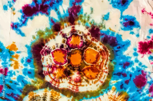 Tie dye background Geometric pattern texture Coral 70s fabric Vector illustration Psychedelic hippie light Shibori Batik brush seamless and repeat design Paint splatter spiral Orange, red, blue,