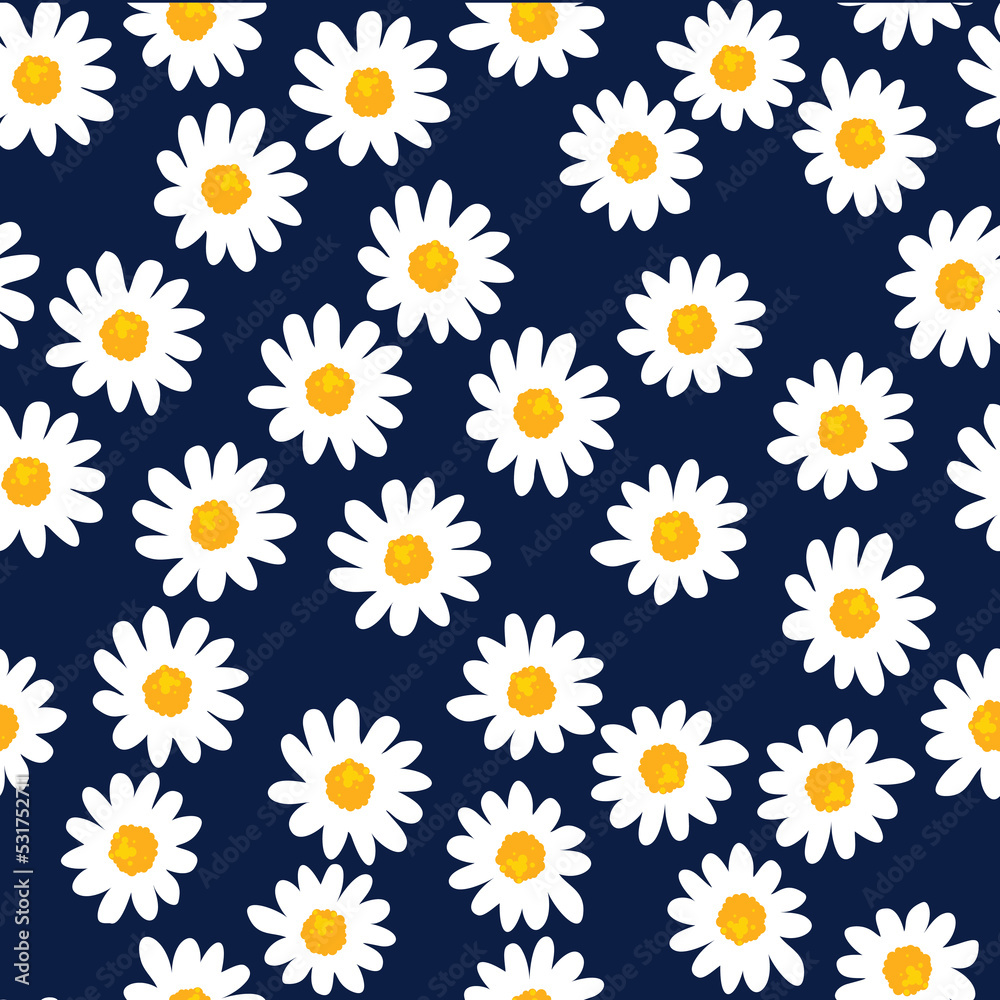 Daisy seamless pattern on blue background. Floral ditsy print with small white flowers and leaves. Chamomile design great for fashion fabric, trend textile and wallpaper. Vector