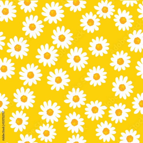 Daisy seamless pattern on yellow background. Floral ditsy print with small white flowers and leaves. Chamomile design great for fashion fabric, trend textile and wallpaper. Vector