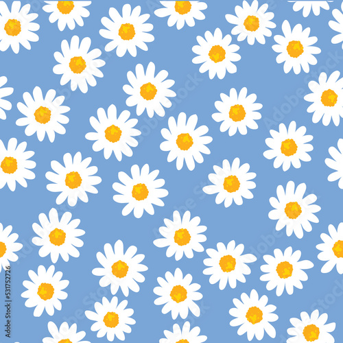 Fototapeta Naklejka Na Ścianę i Meble -  Daisy seamless pattern on blue background. Floral ditsy print with small white flowers and leaves. Chamomile design great for fashion fabric, trend textile and wallpaper. Vector