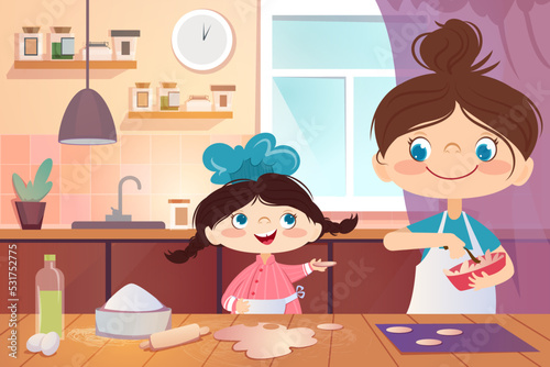 Cartoon cute little girl chef with mother cooking biscuit at home. Small child in apron and hat cook in the kitchen table. Young character with mom making cookies from pastry flat vector illustration.