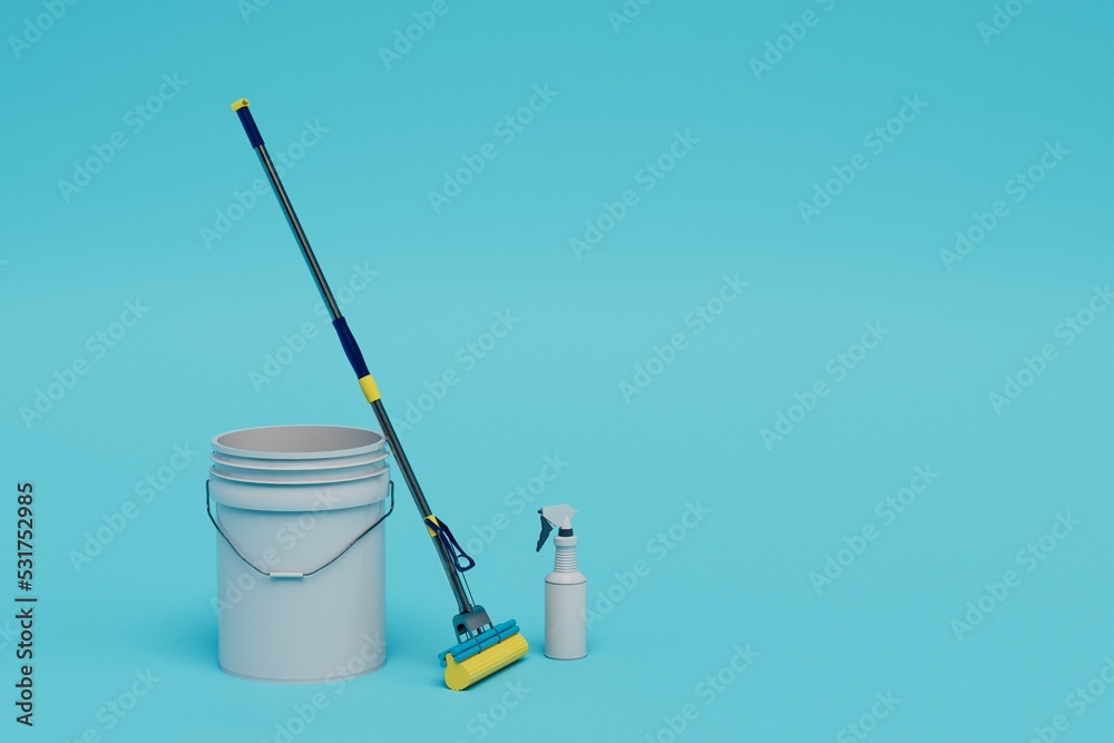 Fototapeta premium cleaning equipment. bucket, floor mop and dust remover. copy paste, copy space. 3d render