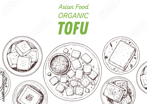Tofu top view. Hand drawn vector illustration. Tofu sketch. Asian food. Tofu dish. Vegan food. Vintage design template. Product design. Great for packaging, recipe book, menu.