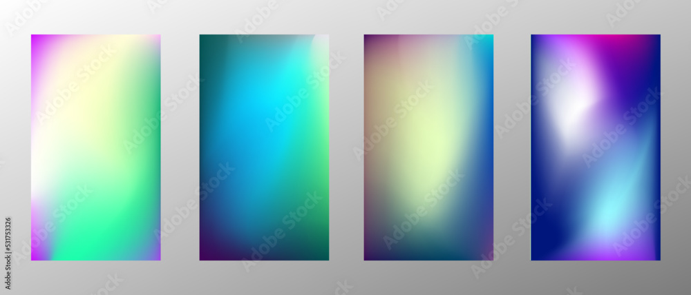 Abstract bright gradient background. Set of 4 backgrounds. Creative modern vector illustration. Holographic spectrum for coating.