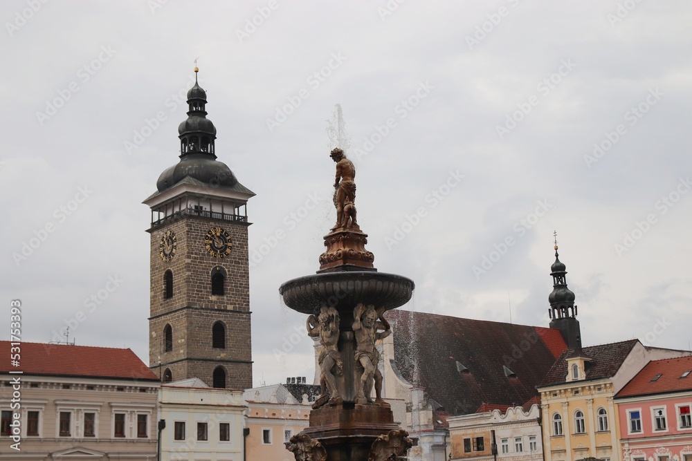 Fountain with gushing water at the square at Ceske Budejovice, Czech republic