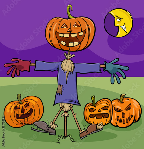 cartoon scarecrow and Halloween pumpkins