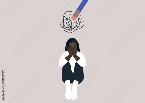 A young upset female African character hugging their knees, a pencil eraser erasing a scribble hovering above them, the process of recovering after a great loss