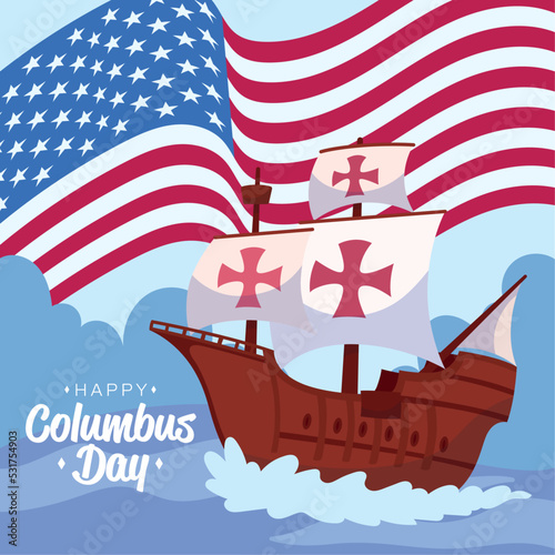 Wooden caravel on a colored columbus day template Vector