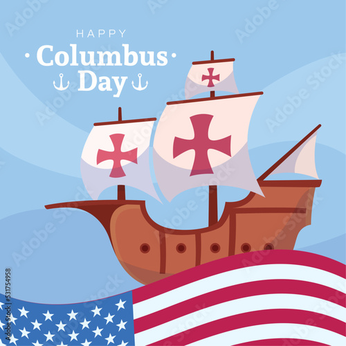 Wooden caravel on a colored columbus day template Vector