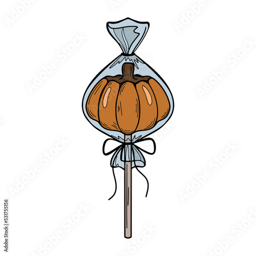 Candy wrapped in the shape of pumpkin. Halloween treats. Doodle vector illustration