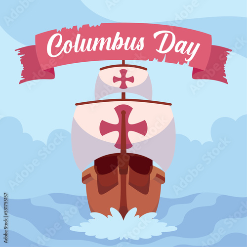 Front view of a wooden caravel Columbus day poster Vector