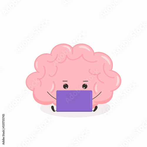 Cute kawaii brain. Funny human brain character works with computer. Cartoon flat style. Illustration