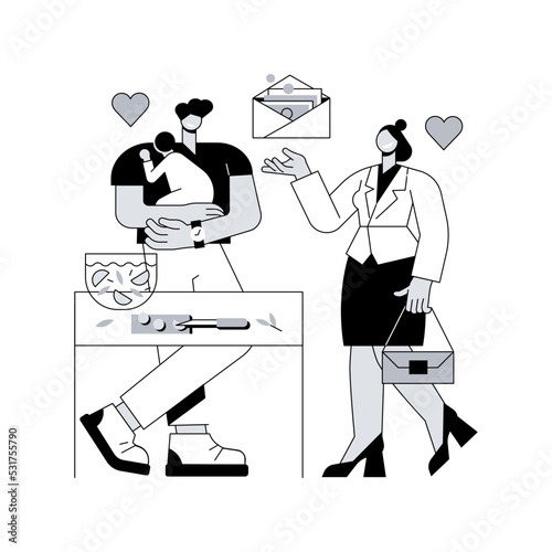 Social role abstract concept vector illustration. Social norms, gender stereotypes, working woman leader, paternity leave, husband cooking, modern family, exchanging roles abstract metaphor.