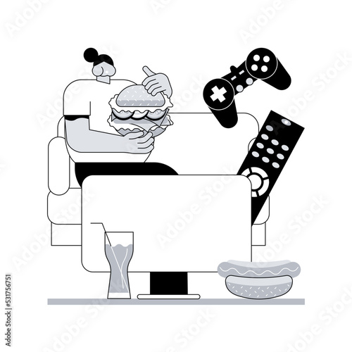 Passive lifestyle abstract concept vector illustration. Sedentary time spending, inactive lifestyle, eating junk food, watching soap operas, spend lazy day, passive income abstract metaphor.