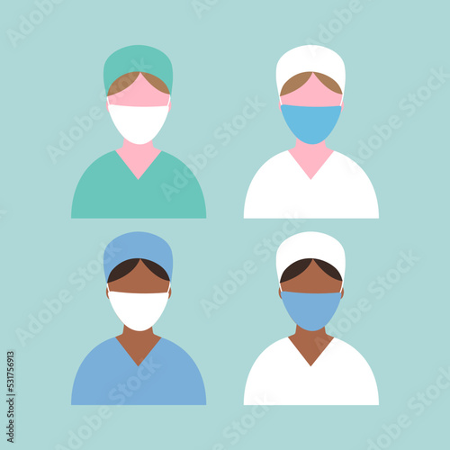 Doctor icons in uniform. Flat style female. Vector illustration.