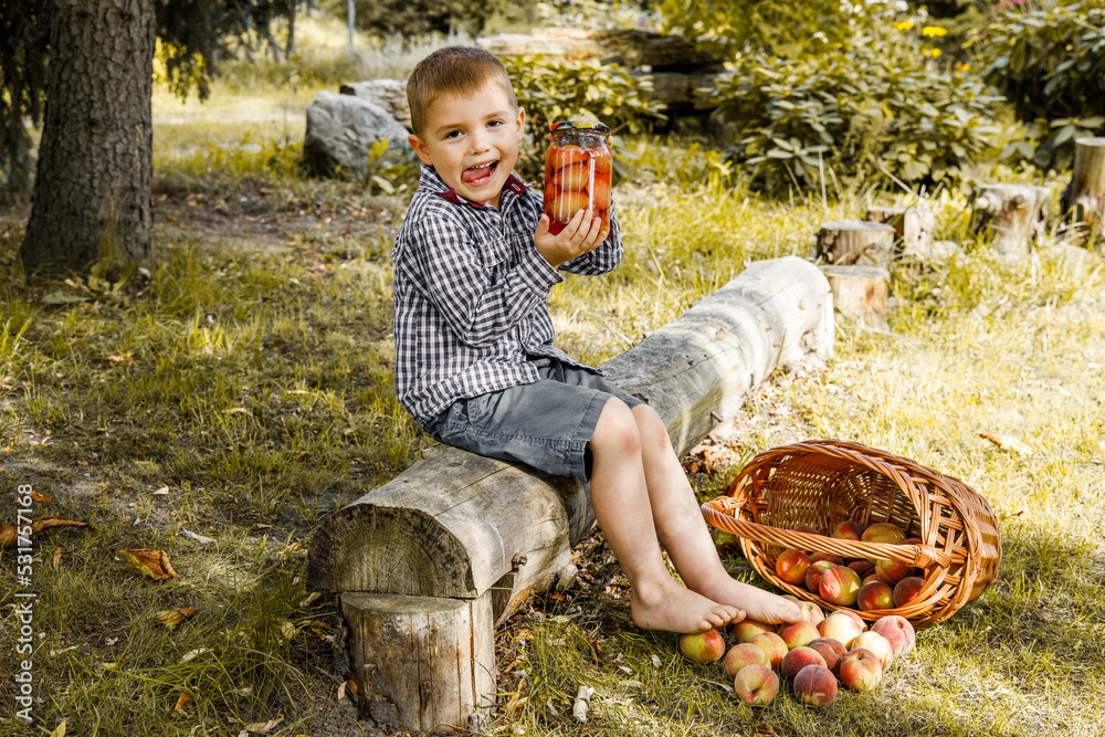 Chłopiec trzyma słoik z kompotem z brzoskwiń, brzoskwinie w koszyku, zbiór owoców sezonowych - obrazy, fototapety, plakaty 