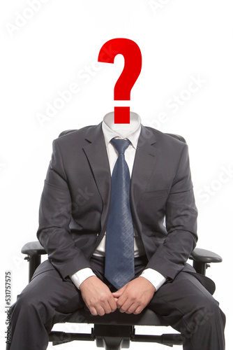 Businessman without a head. Instead of a head - a question mark. A symbol of impersonality and lack of individuality. Businessman mock up. Isolated photo