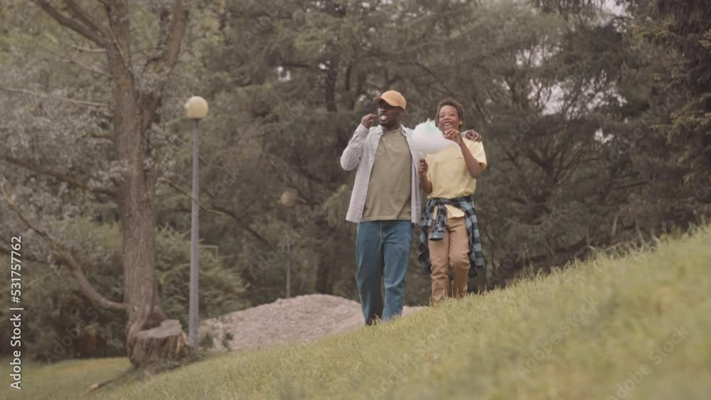 Full length slowmo of Black man with teenage son eating cotton candy and chatting while walking among trees in park on summer day