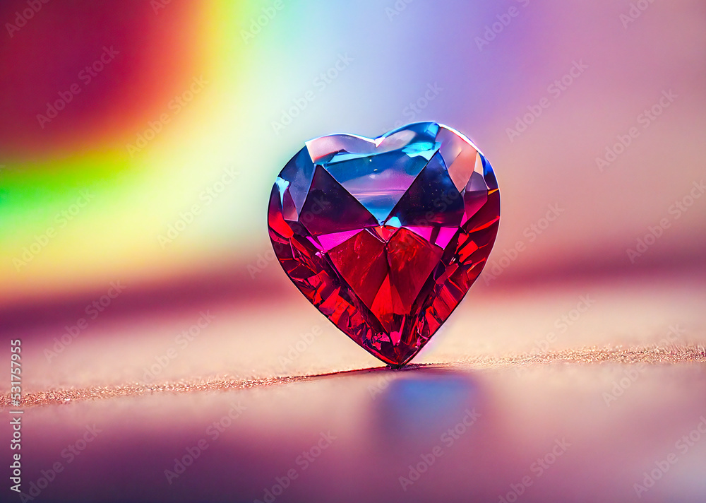 Heart symbol made of gem on blurred backdrop. Romantic love concept. Illuminated colors. Used a neural network for drawing