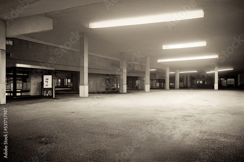 Empty underground car parking. Dark background. Used a neural network for drawing