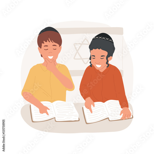 Cheder school isolated cartoon vector illustration. Traditional Cheder elementary school, teaching basics of Judaism, boys in skullcaps reading, jewish religious education vector cartoon.