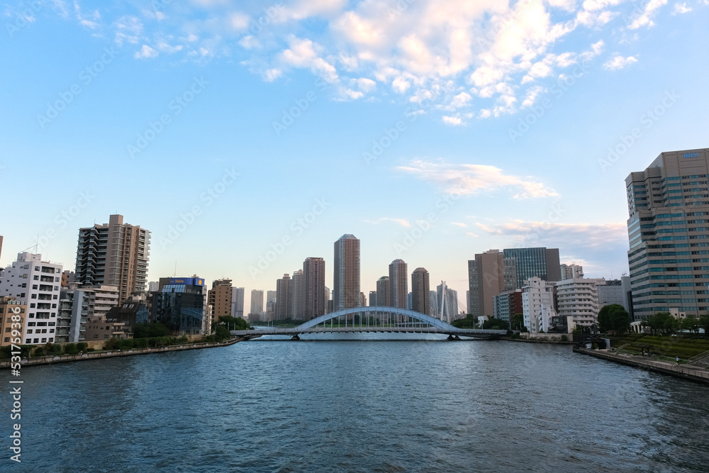 東京都 隅田川に架かる永代橋と高層マンション群