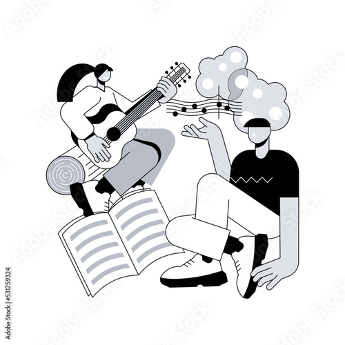 Musical camp abstract concept vector illustration. Young music talent, musical summer camp, singing course, playing instrument, final live performance, daily rehearsal on stage abstract metaphor.