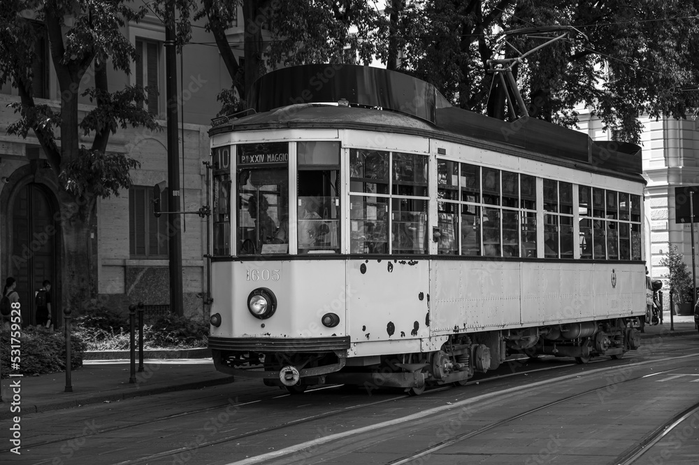 Old tram in the streets of Milan