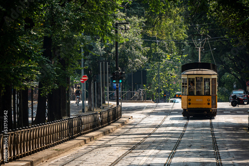 Old tram in the streets of Milan