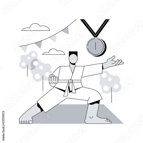 Karate camp abstract concept vector illustration. Karate summer camp, vacation program, holiday activity, kids club, fighting sport section, martial arts children competition abstract metaphor.