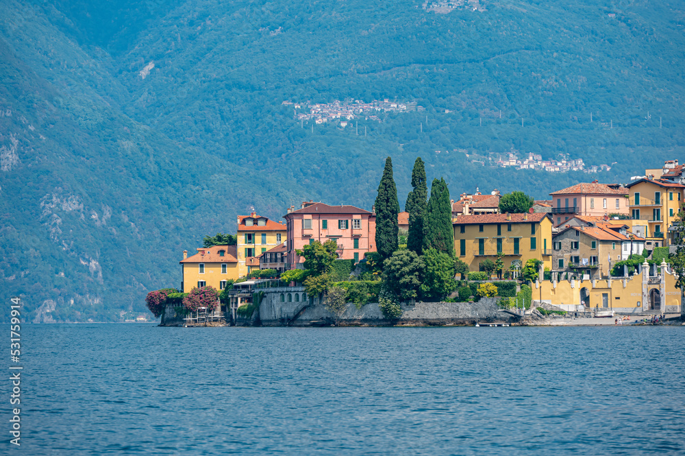 Beautiful historic town on the lakeside in Italy .