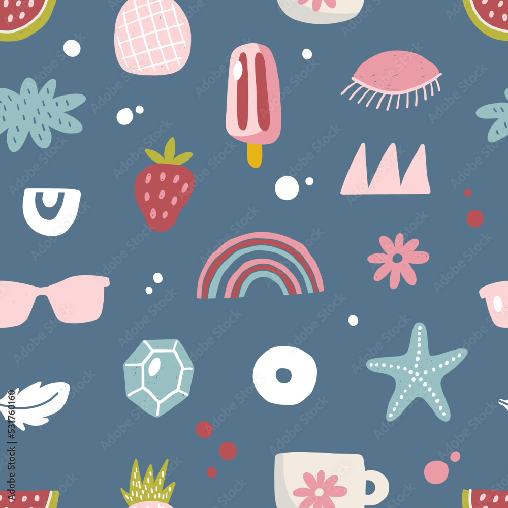 Cute scandinavian seamless pattern including funny doodle decorative hand drawn elements. Cartoon vector illustration. Good fabric design, textile, scrapbooking, wrapping paper, T-shirt, kids design Cute scandinavian seamless pattern including funny doodle decorative hand drawn elements. Cartoon vector illustration. Good fabric design, textile, scrapbooking, wrapping paper, T-shirt, kids design