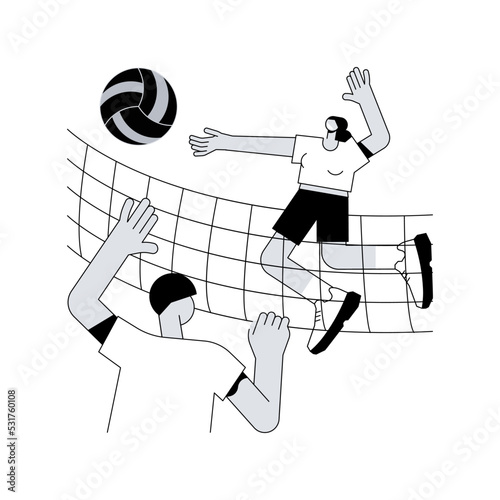 Summer beach activities abstract concept vector illustration. Beach club activities, family vacation, volleyball, jet ski rental, surfing and diving classes, lounge service abstract metaphor.